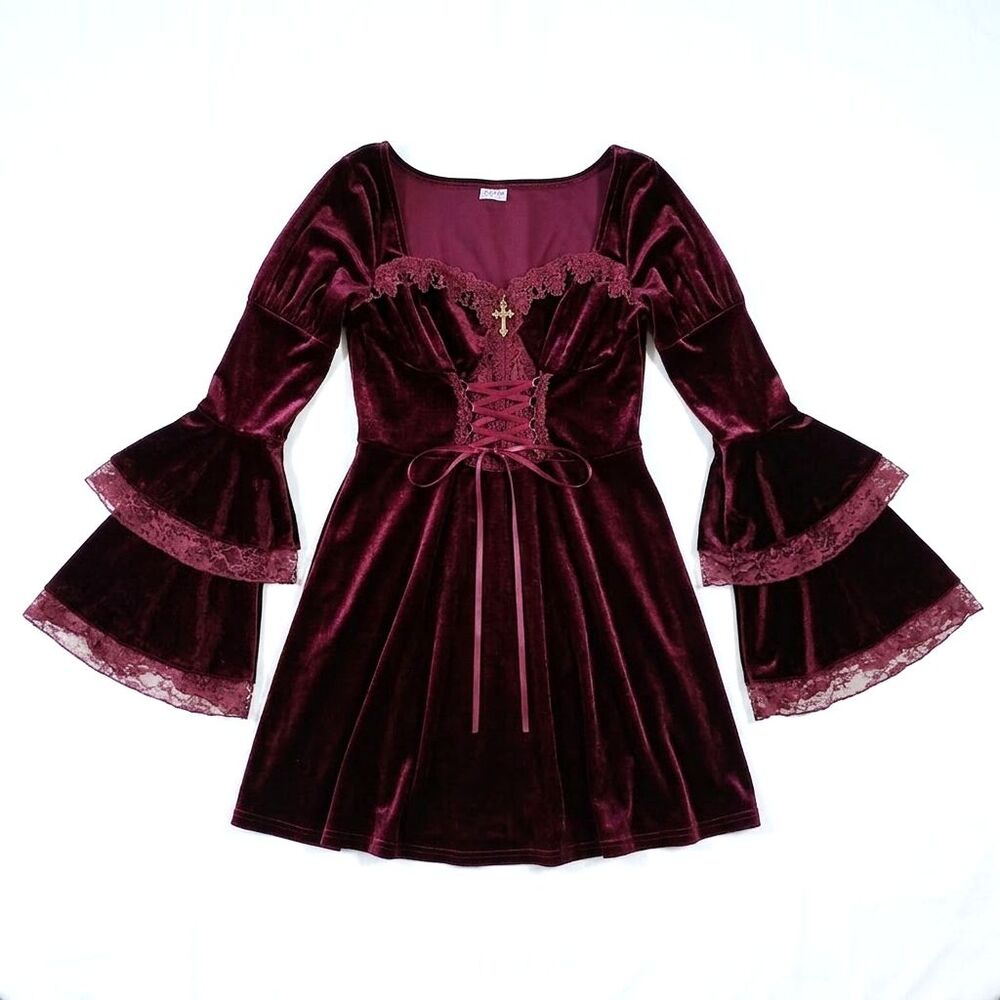 Spirit Halloween Victorian Velvet Lace Up Dress Gothic Witchy Bell Sleeve Red XL